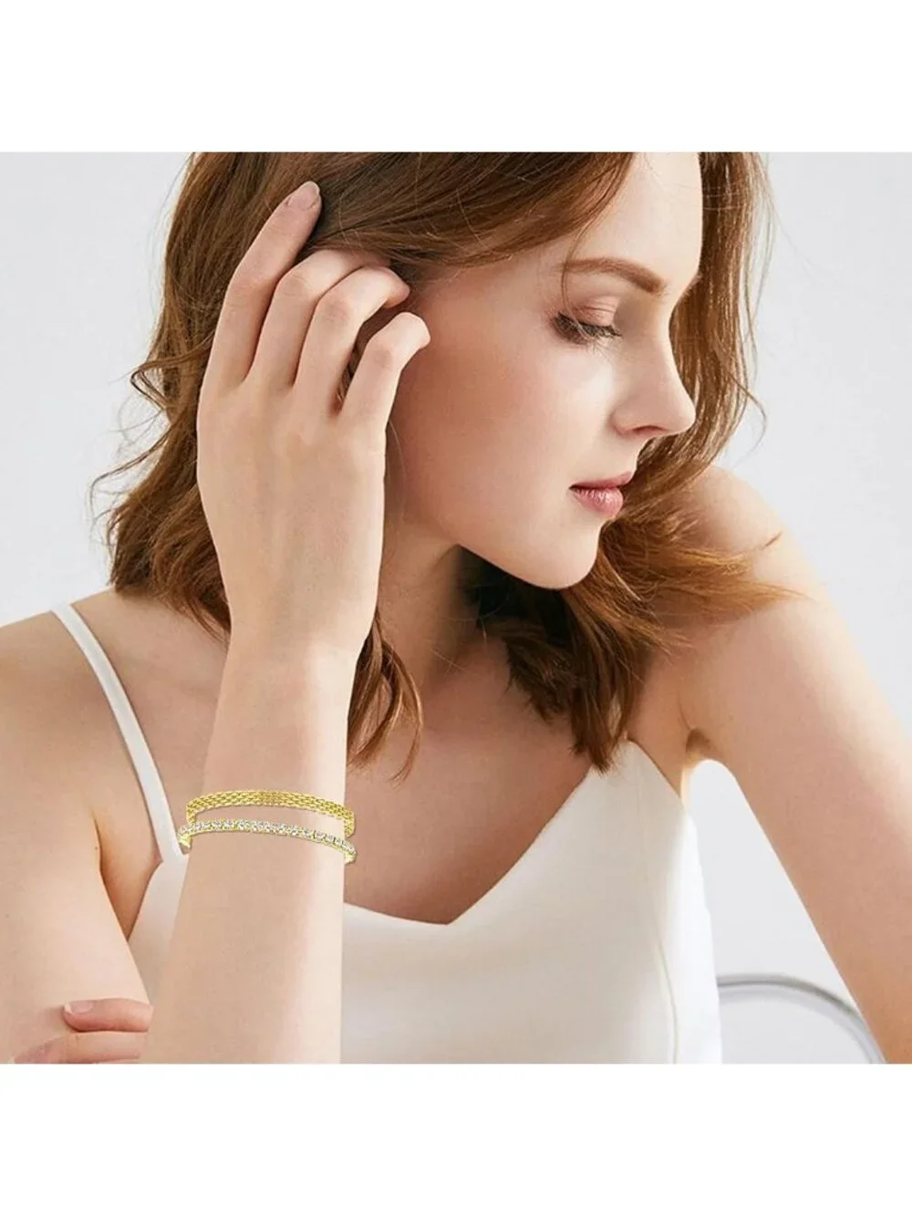 Women All Gold Jewelry Stainless Steel Diamond Bangle Bracelets Set Square Watch